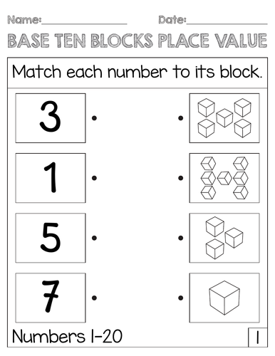 Matching place value with Base 10 Blocks worksheets + Key