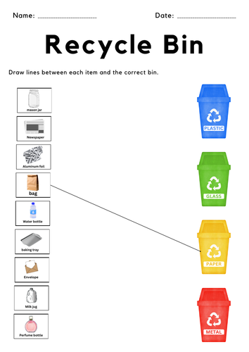 Recycle bin sort activity worksheet for kindergarten