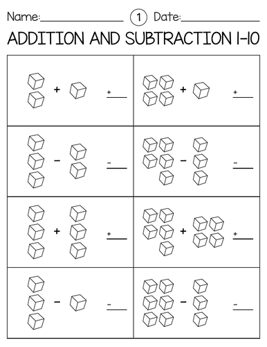 Adding & subtracting 1 and 2 digit numbers with base ten blocks worksheets