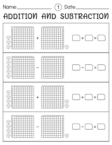 Adding and subtracting 3 digit numbers with base ten blocks worksheets + key