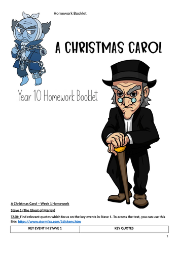 A Christmas Carol Homework Booklet Year 10