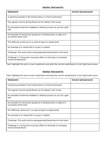 OCR PE Unit 2.1.a Starter Activities