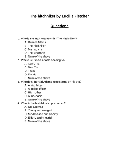 The hitchhiker. 30 multiple-choice questions (Editable)