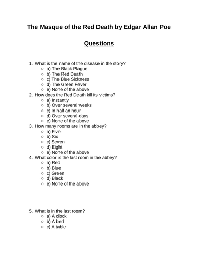 The Masque of the Red Death. 30 multiple-choice questions (Editable)