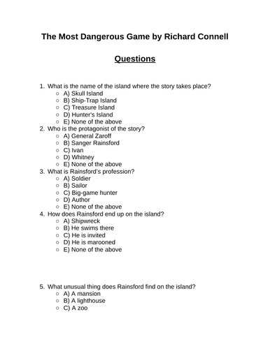 The Most Dangerous Game. 30 multiple-choice questions (Editable)