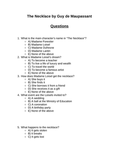 The Necklace. 30 multiple-choice questions (Editable)