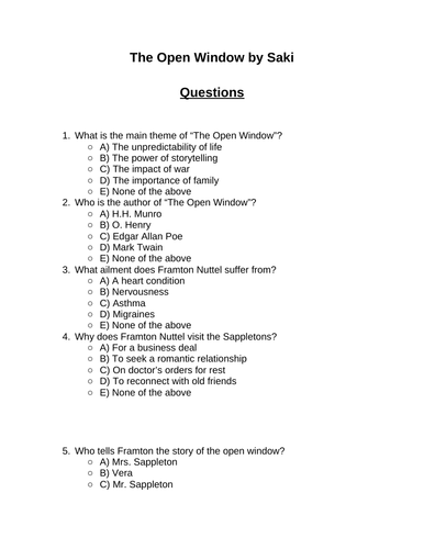 The Open Window. 30 multiple-choice questions (Editable)