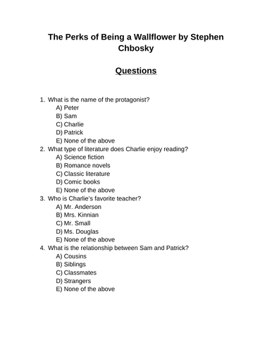 The Perks of Being a Wallflower. 30 multiple-choice questions (Editable)