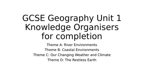 GCSE Geography Unit 1 Knowledge Organisers for completion