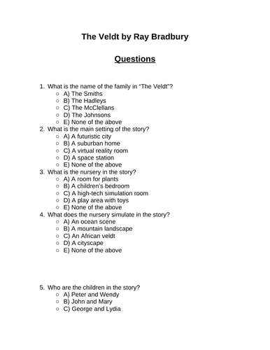 The Veldt. 30 multiple-choice questions (Editable)