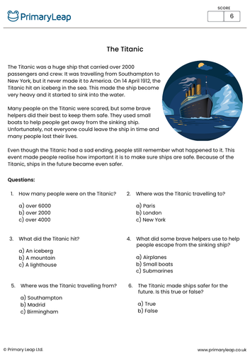 KS1 The Titanic Reading Comprehension