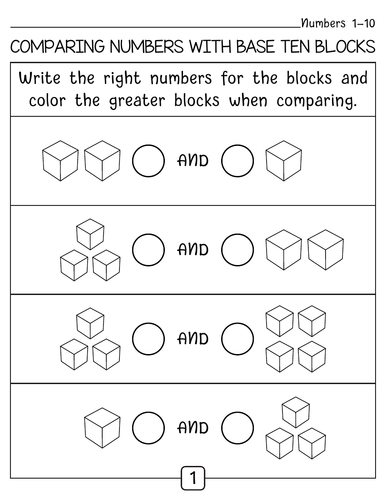 Comparing numbers using base ten Blocks worksheets with Answer key