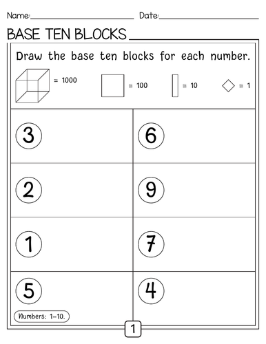 Drawing base ten blocks to represent the numbers worksheets