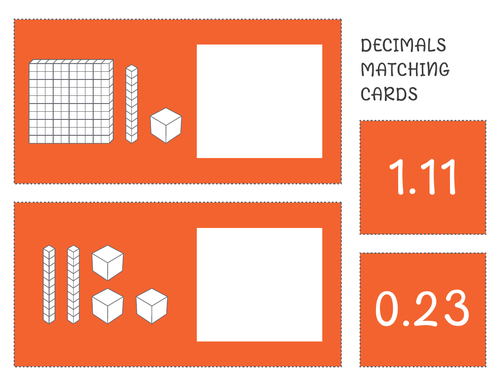 Place value matching cards for decimals using base 10 blocks
