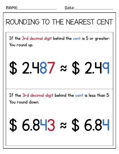 Rounding to the nearest cent: worksheets & cards with key + Anchor chart