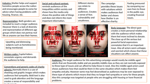 Annotations for the 'Shelter' advertisement for OCR A level Media Studies