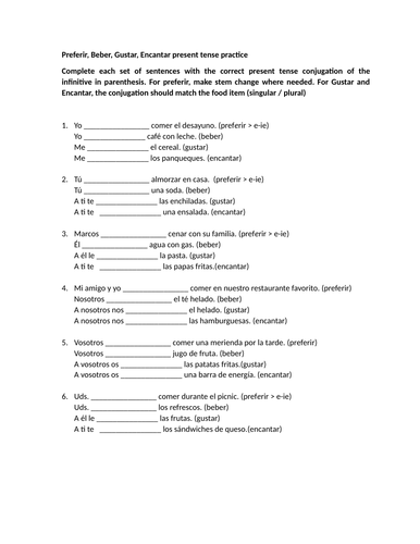 Preferir, Beber, Gustar, Encantar present tense practice