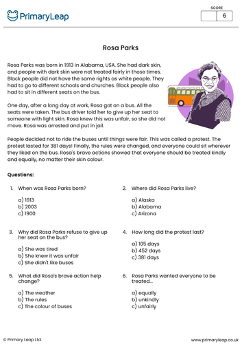 KS1 Rosa Parks Reading Comprehension