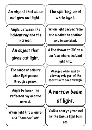 Light Key Words Vocabulary Card Sort