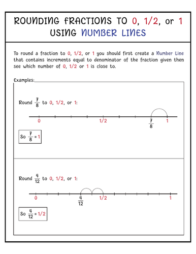 Rounding Fractions to 0, 1/2 or 1 using number Lines Anchor chart & worksheets