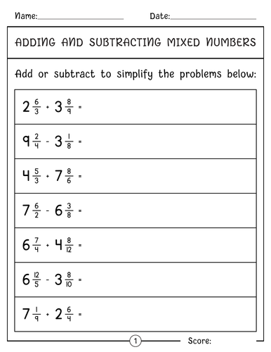 Adding And Subtracting Mixed Fractions with Different Denominators worksheets