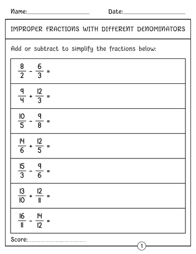Addition and Subtraction of Improper Fractions with Unlike Denominators