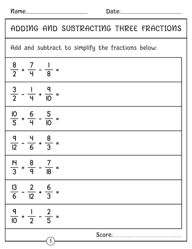 Adding and subtracting 3 Fractions with unlike Denominators worksheets