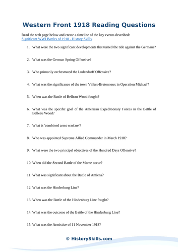 Western Front 1918 Reading Questions Worksheet