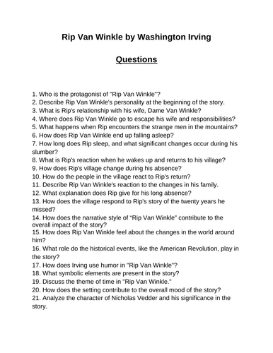 Rip Van Winkle. 40 Reading Comprehension Questions (Editable)