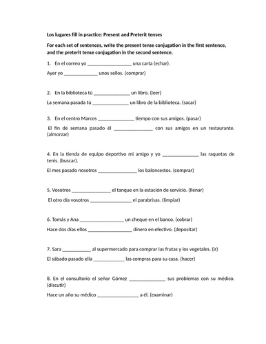 Los lugares fill in practice: Present and Preterit tenses