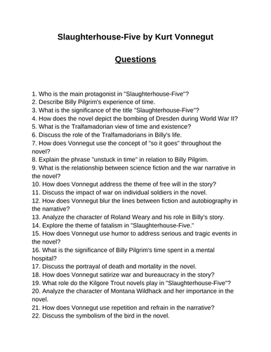Slaughterhouse-Five. 40 Reading Comprehension Questions (Editable)