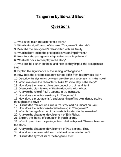 Tangerine. 40 Reading Comprehension Questions (Editable)