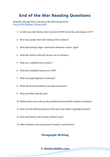 How WWI Ended Reading Questions Worksheet