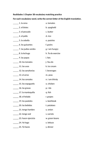 Realidades 1 Chapter 3B vocabulary matching practice