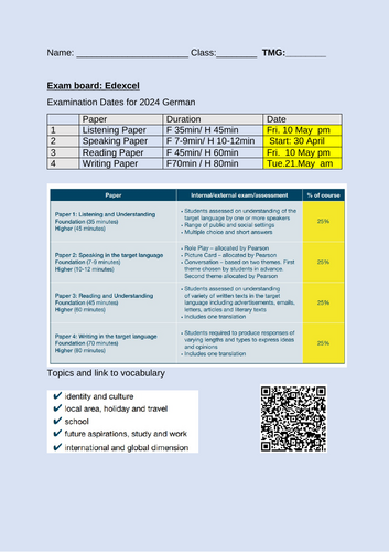 German Target Sheet for student at GCSE