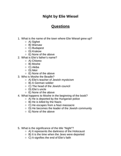 Night by Elie Wiesel. 30 multiple-choice questions (Editable)