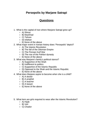 Persepolis by Marjane Satrapi. 30 multiple-choice questions (Editable)