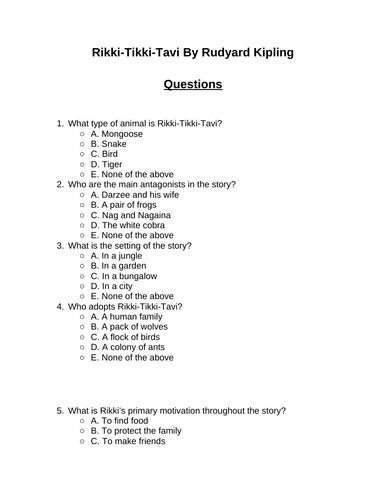 Rikki-Tikki-Tavi. 30 multiple-choice questions (Editable) | Teaching ...