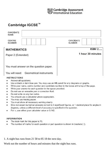 IGCSE PAPER 22 MATHS 0580 MARCH 2024