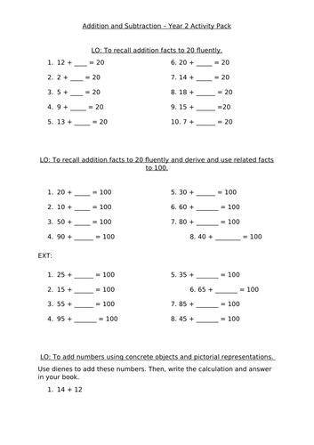 Year 2 Addition and Subtraction Fluency Question Worksheet Pack
