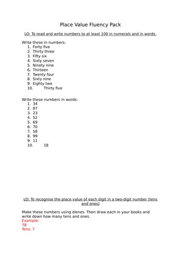 Year 2 Place Value Fluency Question Worksheet Pack