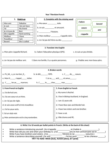 Worksheet: Family / Description (French)