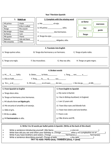 Worksheet: Family/Description (Spanish)