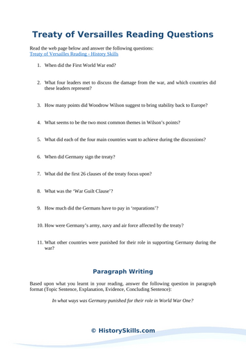 Treaty of Versailles Reading Questions Worksheet