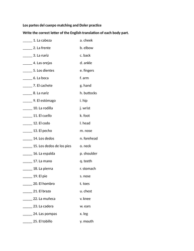 Los partes del cuerpo matching and Doler practice