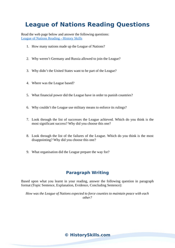 League of Nations Reading Questions Worksheet