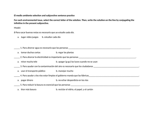 El medio ambiente selection and subjunctive sentence practice