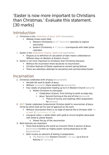 A-Level RS: Festivals Evaluation Essay + Model + Plan - 30 Marker - Eduqas Christianity