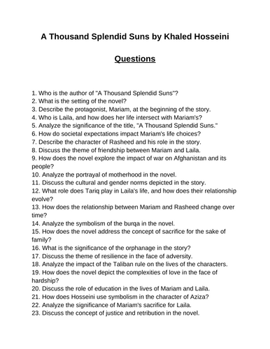 A Thousand Splendid Suns. 40 Reading Comprehension Questions (Editable)