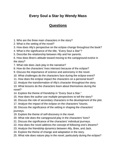 Every Soul a Star. 40 Reading Comprehension Questions (Editable)